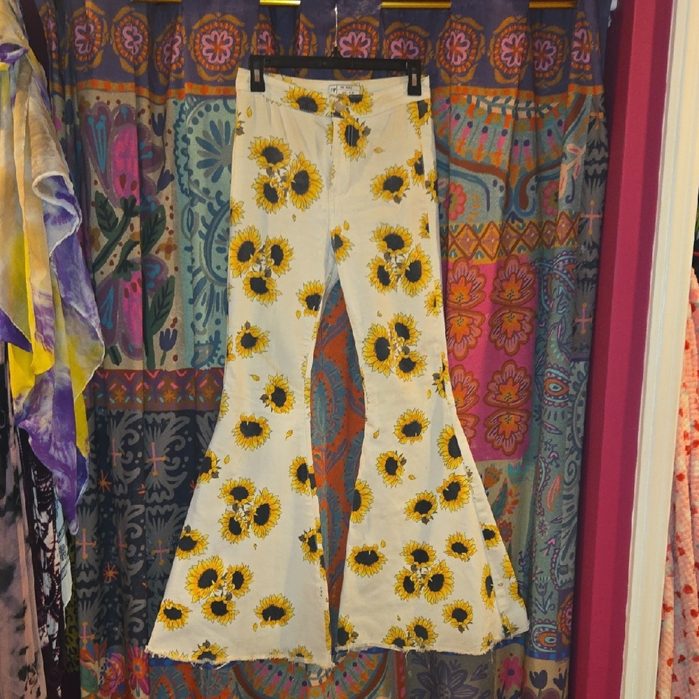 Free People White Jeans with Yellow Sunflower Print